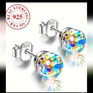 925S Stud CRYSTAL CUT Ball Prismatic  Effect Earrings